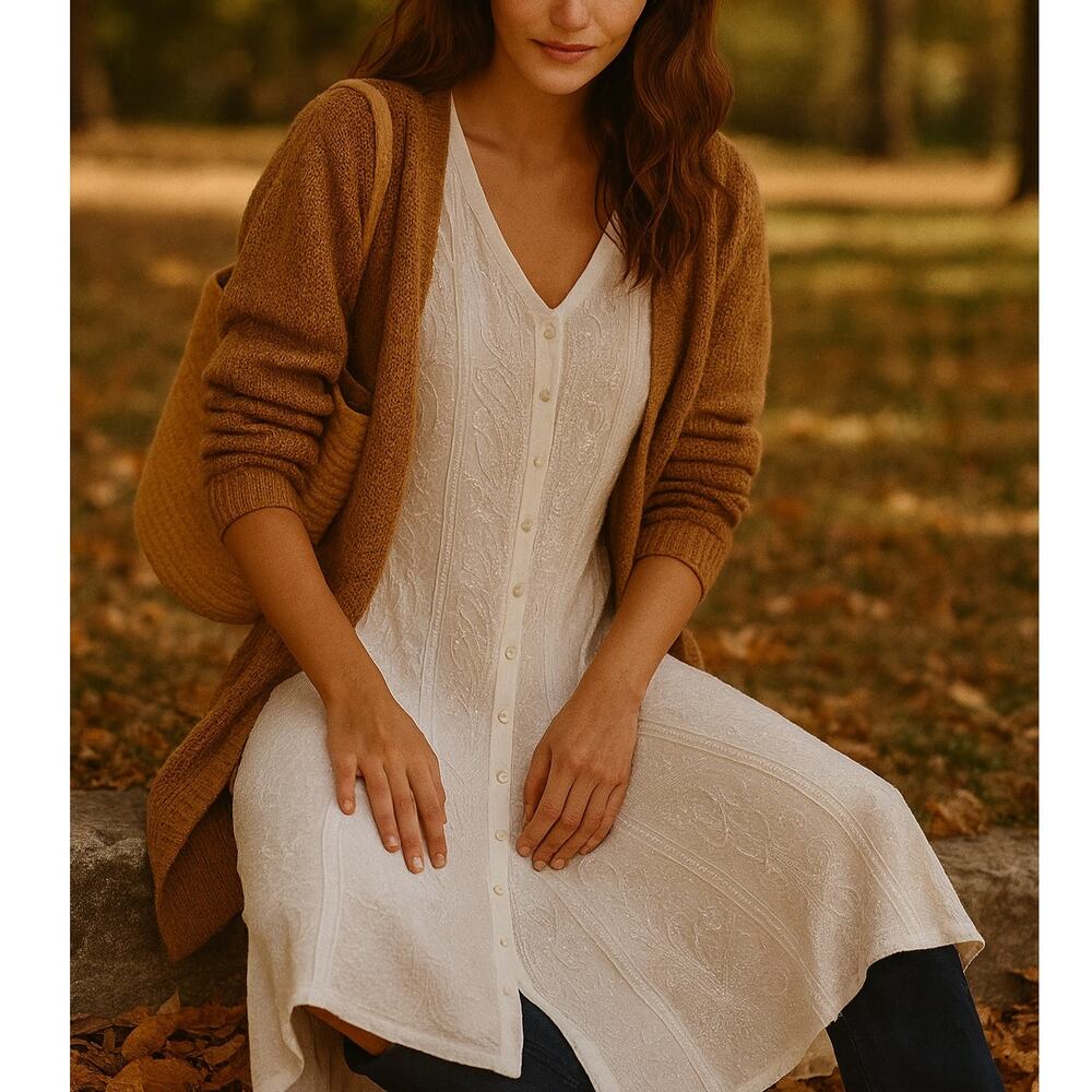 Sezane Vintage M Embroidered Button Front Midi Dress Rayon Cottagecore White - Picture 8 of 8